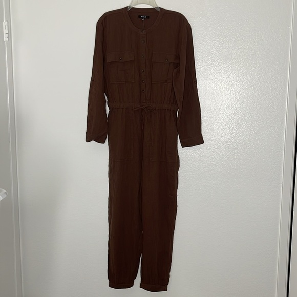 Madewell Lightspun Tapered-leg Double Gauze Jumpsuit In Cocoa Brown Size 10 New - Picture 4 of 10
